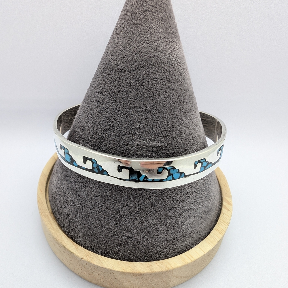 Mexico 925 Silver Cuff Bracelet With Turquoise Inlay Wave Design